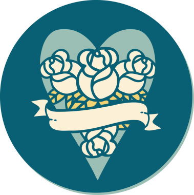 Geleneksel kalp stili dövme çıkartması ve bir insan tarafından çizilmiş çiçekli pankart.