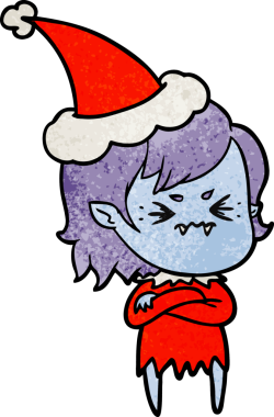 Bir insan tarafından çizilmiş Noel Baba şapkası takan vampir bir kızın çizilmiş el resmi.