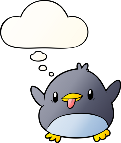 Bir insan tarafından çizilmiş yumuşak eğimli düşünce kabarcığı olan sevimli penguen çizgi filmi.