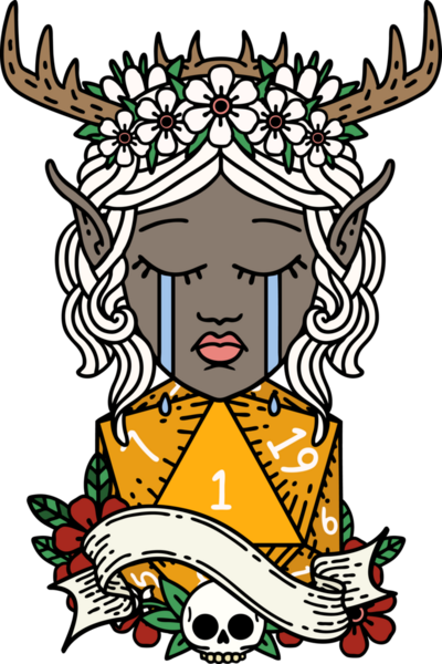 Retro Dövme Tarzı Ağlayan Elf Druid karakteri yüzü Bir insan tarafından çizilmiş doğal bir D20 zar