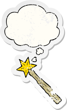 Düşünce baloncuklu çizgi film sihirli değneği bir insan tarafından çizilmiş yıpranmış bir çıkartma gibi.