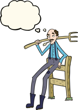 Çizgi film yaşlı çiftçi bir insan tarafından çizilmiş düşünce balonuyla çitlere yaslanıyor.