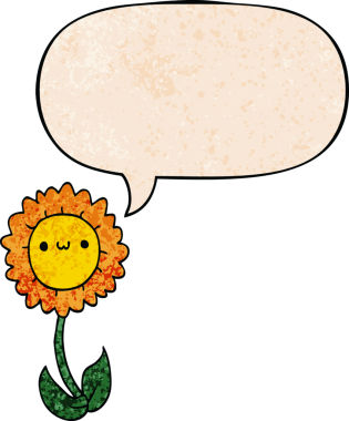 Konuşma baloncuğu olan karikatür çiçeği insan tarafından çizilmiş eski moda dokular.