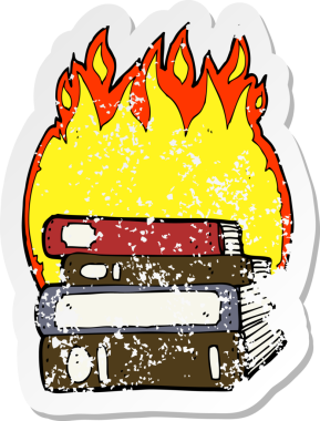 Bir insan tarafından çizilmiş kitapları yakan bir karikatürün gerilimli yapıştırması.