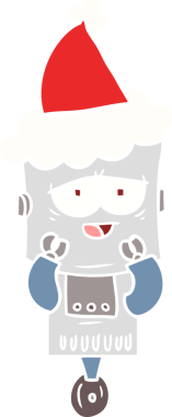 Bir insan tarafından çizilmiş Noel Baba şapkası takan bir robotun düz renkli çizimi