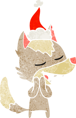 Bir insanın çizdiği Noel Baba şapkasıyla gülen bir kurdun el çizimi karikatürü.