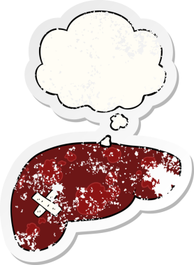 Düşünce baloncuklu sağlıksız karaciğer, insan tarafından çizilmiş yıpranmış bir çıkartma.