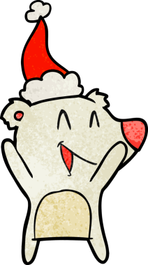 Gülen kutup ayısının eli insan tarafından çizilmiş Noel Baba şapkası çizilmiş.