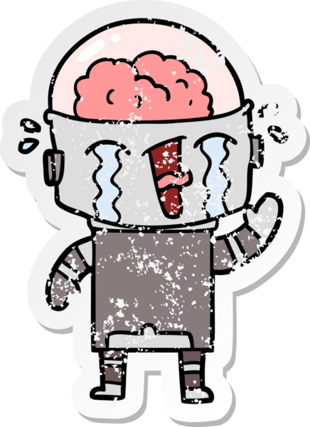 Bir insan tarafından çizilmiş, ağlayan bir robotun hüzünlü çıkartması.