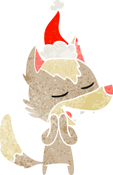 Bir insanın çizdiği Noel Baba şapkasıyla gülen bir kurdun el çizimi karikatürü.