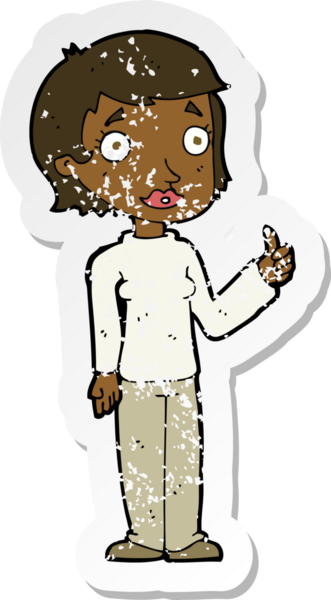 Bir insan tarafından çizilmiş baş parmak işareti veren karikatürlü bir kadının gerilimli retro çıkartması.