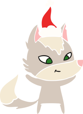 Bir insan tarafından çizilmiş Noel Baba şapkası takan bir kurt resmi.