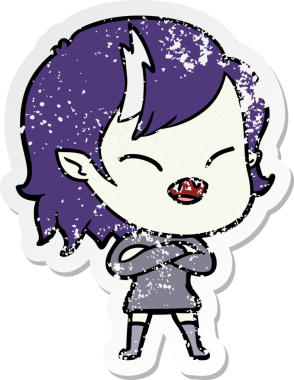 Bir insan tarafından çizilmiş kolları çaprazlanmış gülen vampir bir kızın sıkıntılı çıkartması.