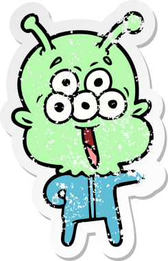 Bir insan tarafından çizilmiş mutlu çizgi film uzaylısının sıkıntılı çıkartması.