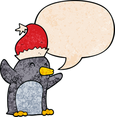 Bir insan tarafından çizilmiş geçmişe dönük konuşma baloncuğu olan şirin bir çizgi film pengueni.