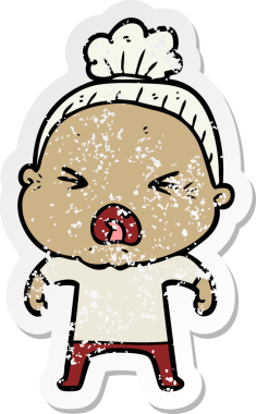 Bir insan tarafından çizilmiş kızgın yaşlı bir kadının sıkıntılı çıkartması.