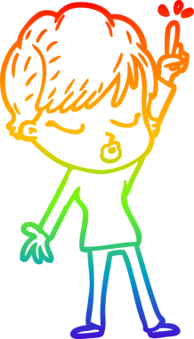 Gökkuşağı gradyan çizgi çizimi bir insan tarafından çizilmiş gözleri olan bir karikatür kadın