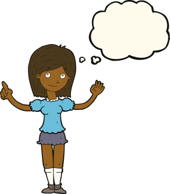 Bir insan tarafından çizilmiş düşünce baloncuğuyla fikri açıklayan çizgi film kadını.