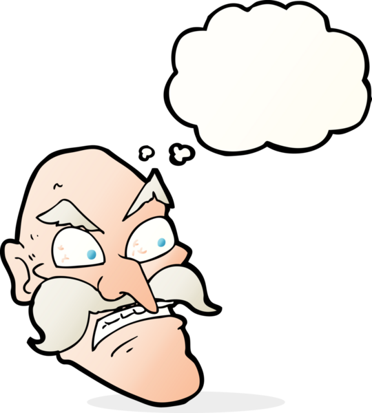 Bir insan tarafından çizilmiş düşünce baloncuğu olan kızgın yaşlı bir adam.