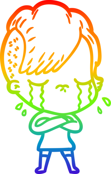 Gökkuşağının gradyan çizimi bir insan tarafından çizilmiş ağlayan bir kız çizgi filmi.