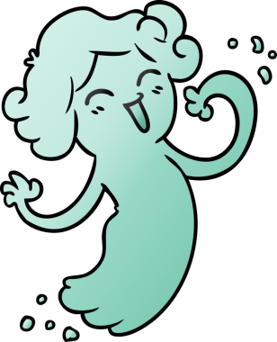 Bir insan tarafından çizilmiş mutlu pembe bir hayaletin el çizimi karikatürü.