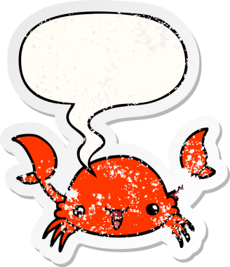 Konuşma baloncuklu çizgi film yengeci bir insan tarafından çizilmiş sıkıntılı eski bir çıkartma