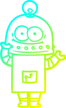 Bir insan tarafından çizilmiş ampullü mutlu bir robot çizimi.