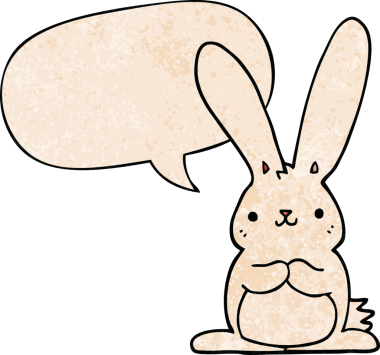 Konuşma baloncuklu çizgi film tavşanı insan tarafından çizilmiş.