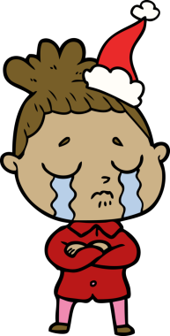 Bir insan tarafından çizilmiş Noel Baba şapkası takan ağlayan bir kadının el çizimi.