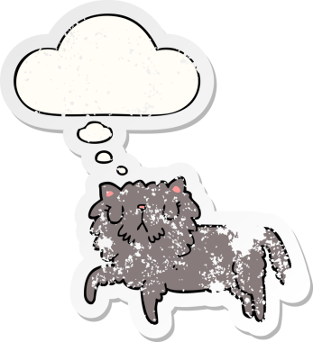 Düşünce baloncuğu olan çizgi film kedisi insan tarafından çizilmiş yıpranmış bir çıkartma.