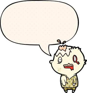 Bir insan tarafından çizilmiş çizgi roman tarzı konuşma balonu olan bir zombi çizgi filmi.