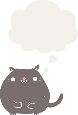 Düşünce baloncuğu olan çizgi film kedisi insan tarafından çizilmiş.