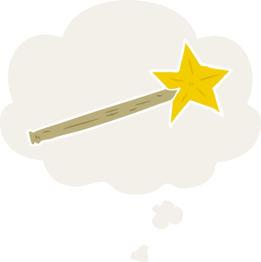 Düşünce baloncuğu olan bir çizgi film sihirli değneği insan tarafından çizilmiş.