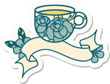 Bir fincanın pankartıyla dövme stili çıkartması ve bir insanın çizdiği çiçekler