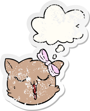 Düşünce baloncuklu çizgi film kedisi yüzü bir insan tarafından çizilmiş yıpranmış bir çıkartma gibi.