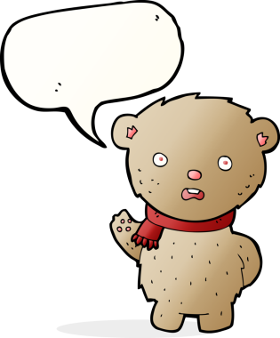 Bir insan tarafından çizilmiş konuşma balonlu eşarp giyen oyuncak ayı.