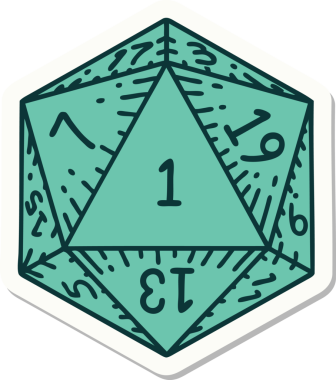 Bir insan tarafından çizilmiş doğal 1 D20 zar etiketi.