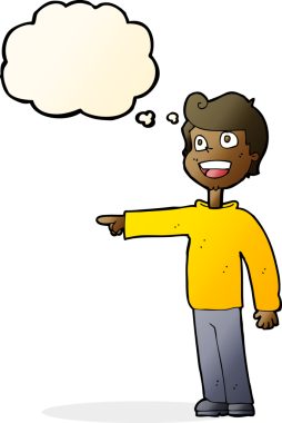 Çizgi filmci bir insan tarafından çizilmiş düşünce balonuyla gülüyor ve işaret ediyor.