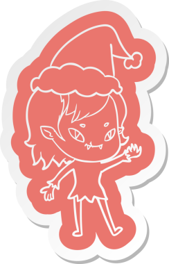 Bir insan tarafından çizilmiş Noel Baba şapkası giyen arkadaş canlısı vampir bir kızın garip çizgi film etiketi.