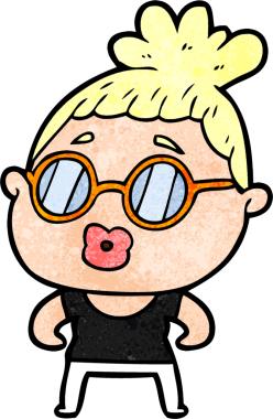 Bir insan tarafından çizilmiş gözlüklü bir karikatür kadın.