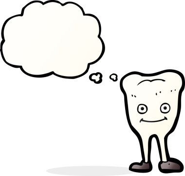 Bir insan tarafından çizilmiş düşünce baloncuklu mutlu diş çizgi filmi.