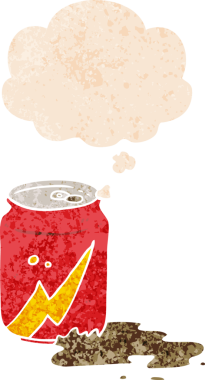 Düşünce baloncuğu ve grunge ile çizgi film soda kutusu bir insan tarafından çizilmiş sıkıntılı retro dokuma tarzı