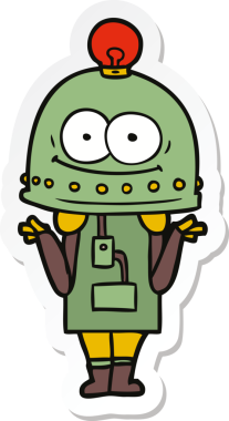 Bir insan tarafından çizilmiş mutlu bir karton robotun çıkartması.