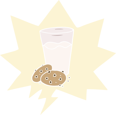 bir insan tarafından çizilmiş, konuşma baloncuklu kurabiye ve süt.