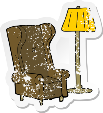 Çizgi film lambası etiketi ve bir insan tarafından çizilmiş eski bir sandalye.