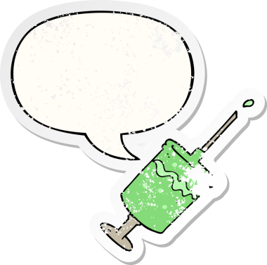 Konuşma baloncuklu şırınga iğnesi bir insan tarafından çizilmiş sıkıntılı eski bir çıkartma