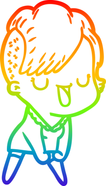 Gökkuşağı gradyan çizimi. Hipster saç kesimi bir insan tarafından çizilmiş şirin bir çizgi film kızı.