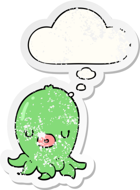 Düşünce baloncuklu çizgi film ahtapotu, insan tarafından çizilmiş yıpranmış bir çıkartma.