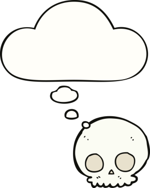 Bir insan tarafından çizilmiş düşünce baloncuklu bir kafatası.