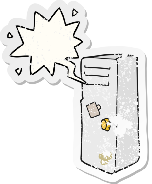 Konuşma baloncuklu çizgi film dolabı. Bir insan tarafından çizilmiş sıkıntılı eski bir çıkartma.